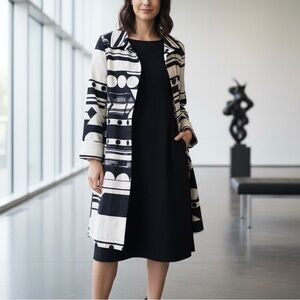 Chico's Black White Art Abstract Linen Blend Jacket, Sz0 US 4/6 Y2K Vtg Mod/GoGo